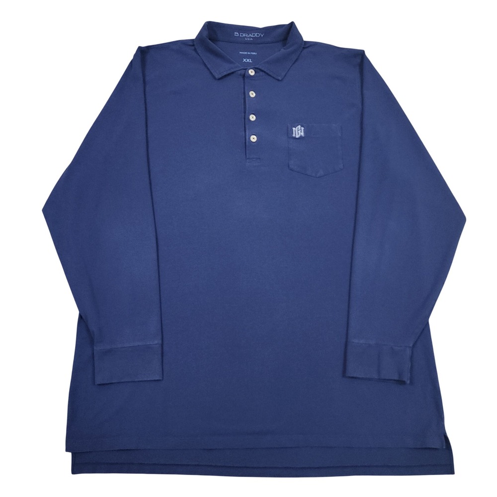 B Draddy Polo Shirt Mens XXL Blue Golf Pima Cotton Stretch Pocket Long Sleeve
